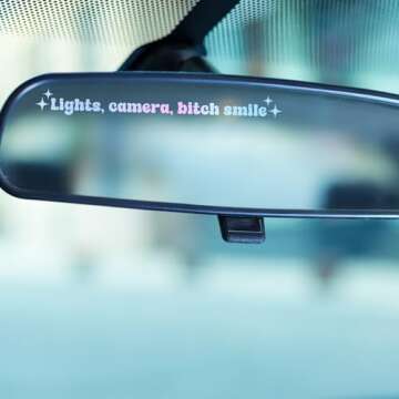 2 x Rear View Mirror Decal - Lights, Camera, Bitch Smile Decal - Positive Affirmation Car Window Stickers - Lights Camera B Smile Sticker - Gift for Her, Friend, Bestie, Girlfriend (Holographic Opal)