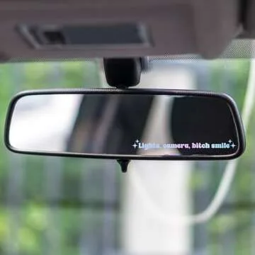 2 x Rear View Mirror Decal - Lights, Camera, Bitch Smile Decal - Positive Affirmation Car Window Stickers - Lights Camera B Smile Sticker - Gift for Her, Friend, Bestie, Girlfriend (Holographic Opal)