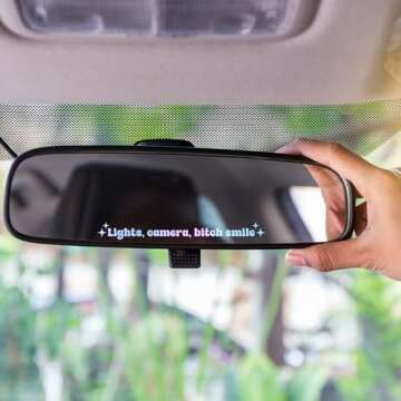 2 x Rear View Mirror Decal - Lights, Camera, Bitch Smile Decal - Positive Affirmation Car Window Stickers - Lights Camera B Smile Sticker - Gift for Her, Friend, Bestie, Girlfriend (Holographic Opal)