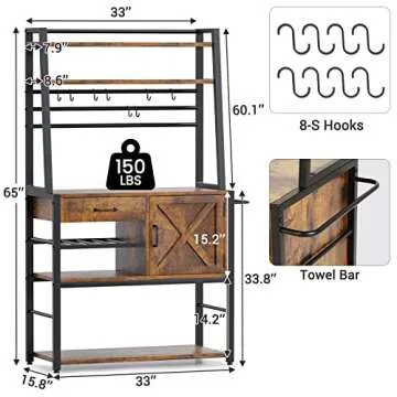 Itaar Baker's Rack, Coffee Bar Cabinet, Farmhouse Microwave Stand with Wine Rack, Drawer and 8 Hooks...