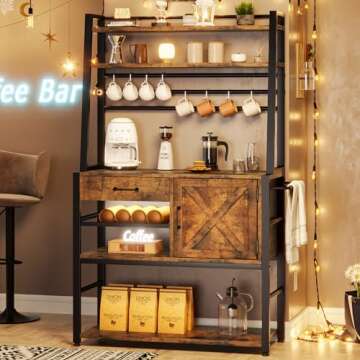 Itaar Baker's Rack, Coffee Bar Cabinet, Farmhouse Microwave Stand with Wine Rack, Drawer and 8 Hooks for Kitchens with Storage, Rustic Brown