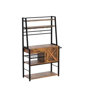 Itaar Baker's Rack, Coffee Bar Cabinet, Farmhouse Microwave Stand with Wine Rack, Drawer and 8 Hooks for Kitchens with Storage, Rustic Brown
