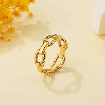 YeGieonr Gold Chain Link Rings for Women, Non-Tarnish Stainless Steel Rings with 18K Gold Plated, Statement Stackable Jewelry for Women