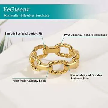 YeGieonr Gold Chain Link Rings for Women, Non-Tarnish Stainless Steel Rings with 18K Gold Plated, Statement Stackable Jewelry for Women
