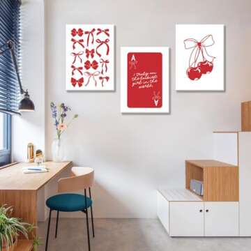 MTFBWY Coquette Bow Canvas Wall Art Red Cherry Poster Prints Preppy Aesthetic Printing Trendy College Room Decor Pictures for Girly Bedroom Apartment Dorm Set of 3 12x16in Wrapped Canvas