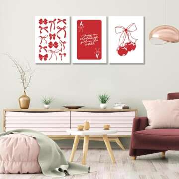 MTFBWY Coquette Bow Canvas Wall Art Red Cherry Poster Prints Preppy Aesthetic Printing Trendy College Room Decor Pictures for Girly Bedroom Apartment Dorm Set of 3 12x16in Wrapped Canvas