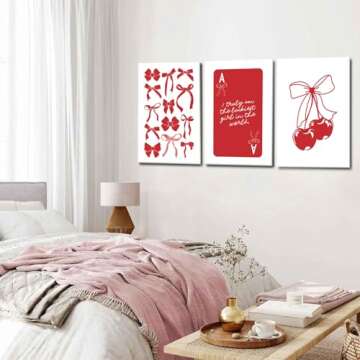 MTFBWY Coquette Bow Canvas Wall Art Red Cherry Poster Prints Preppy Aesthetic Printing Trendy College Room Decor Pictures for Girly Bedroom Apartment Dorm Set of 3 12x16in Wrapped Canvas