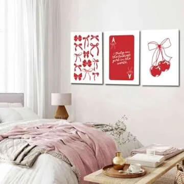 MTFBWY Coquette Bow Canvas Wall Art Red Cherry Poster Prints Preppy Aesthetic Printing Trendy College Room Decor Pictures for Girly Bedroom Apartment Dorm Set of 3 12x16in Wrapped Canvas