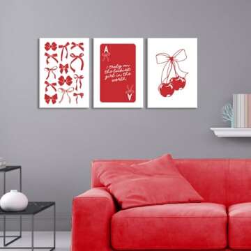 MTFBWY Coquette Bow Canvas Wall Art Red Cherry Poster Prints Preppy Aesthetic Printing Trendy College Room Decor Pictures for Girly Bedroom Apartment Dorm Set of 3 12x16in Wrapped Canvas