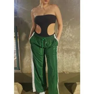 UAURORAO Women Striped Sweatpants Y2k Drawstring Track Pants Joggers Elastic Side Stripes Wide Leg Pants with Pockets(Casual Green,X-Large)