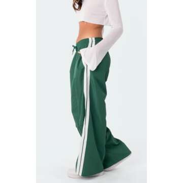 UAURORAO Women Striped Sweatpants Y2k Drawstring Track Pants Joggers Elastic Side Stripes Wide Leg Pants with Pockets(Casual Green,X-Large)