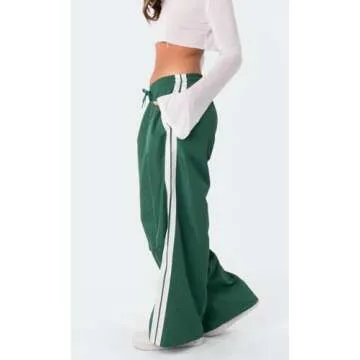 UAURORAO Women Striped Sweatpants Y2k Drawstring Track Pants Joggers Elastic Side Stripes Wide Leg Pants with Pockets(Casual Green,X-Large)