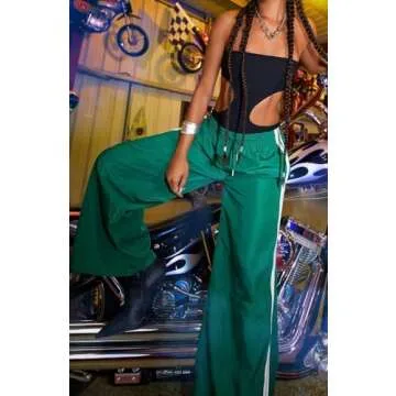 UAURORAO Women Striped Sweatpants Y2k Drawstring Track Pants Joggers Elastic Side Stripes Wide Leg Pants with Pockets(Casual Green,X-Large)