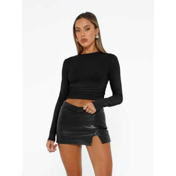 AUTOMET Womens Long Sleeve T-Shirts - Fitted Stretchy Crop Tops for Y2K Style