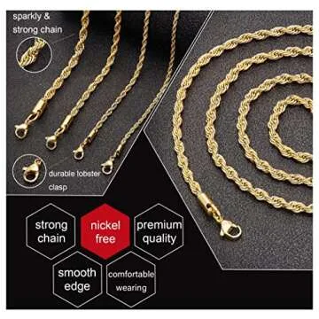 Gold Plated Necklace for Men 2.5MM 18 Inches Stainless Steel Twist Rope Chain for Women Mens