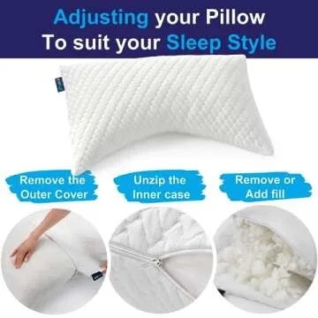 Sidney Sleep Pillow for Side and Back Sleepers - Comfort for Neck and Shoulder Pain - Adjustable and Customizable Shredded Memory Foam Filling - Queen Size - Additional Foam Fill Included (White)