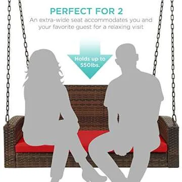 Best Choice Products Woven Wicker Outdoor Porch Swing, Hanging Patio Bench for Deck, Garden w/Mounting Chains, Seat Cushion - Brown/Red