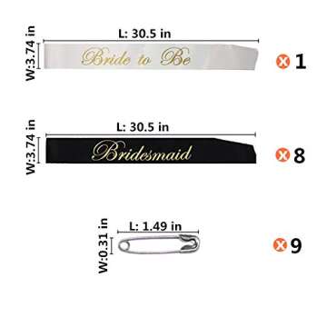 Bridal Shower Bachelorette Party Satin Sash Set:1 Bride to Be Sash, 8 Bridesmaid Sash, 9 Pcs Bride T...