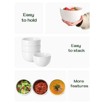 DOWAN 5.8" Deep Soup Bowls & Cereal Bowls - 30 Ounces Large Bowls Set of 4 for Kitchen - White Ceramic Bowls for Cereal, Soup, Oatmeal, Salad, Ramen, Noodle, Rice - Dishwasher & Oven Safe