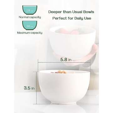 DOWAN 5.8" Deep Soup Bowls & Cereal Bowls - 30 Ounces Large Bowls Set of 4 for Kitchen - White Ceramic Bowls for Cereal, Soup, Oatmeal, Salad, Ramen, Noodle, Rice - Dishwasher & Oven Safe