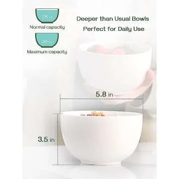 DOWAN 5.8" Deep Soup Bowls & Cereal Bowls - 30 Ounces Large Bowls Set of 4 for Kitchen - White Ceramic Bowls for Cereal, Soup, Oatmeal, Salad, Ramen, Noodle, Rice - Dishwasher & Oven Safe