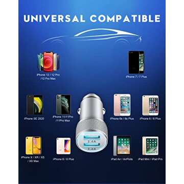 TIKALONG Car Charger Compatible with iPhone 13/12/11/XR/XS/X/Pro Max 8/7/6/6S Plus 5S/5C/SE2, iPad Air Mini Pro (2.4A Dual Port USB Car Charger Adapter with 2X 3ft Charging Cable Cord) (3in1 Pack)