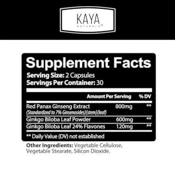 Kaya Naturals Red Panax Ginseng + Ginkgo Biloba | Nootropic Brain Supplement | Cognitive and Concent...
