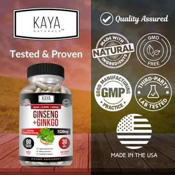 Kaya Naturals Red Panax Ginseng + Ginkgo Biloba | Nootropic Brain Supplement | Cognitive and Concentration Support | Brain Booster, Focus, and Memory Supplement | 60 Capsules