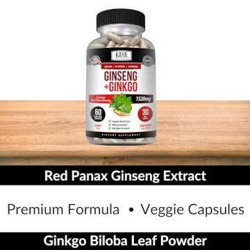 Kaya Naturals Red Panax Ginseng + Ginkgo Biloba | Nootropic Brain Supplement | Cognitive and Concentration Support | Brain Booster, Focus, and Memory Supplement | 60 Capsules