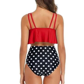 Tempt Me Women Red Polka Dot Two Piece Bikini Swimsuit with Ruffled Flounce