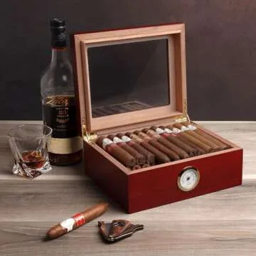 Premium Cigar Humidor for 25-50 Cigars - Elegant Humidor humidor with Hygrometer and Humidifier - Cedar Lined Cigar Box for Optimal Humidity Control