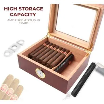 Premium Cigar Humidor for 25-50 Cigars - Elegant Humidor humidor with Hygrometer and Humidifier - Cedar Lined Cigar Box for Optimal Humidity Control