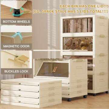 4 Collapsible Storage Bins with 4 Lids, 23 Gal Stackable Closet Organizers with Wheels, Large Double Door Storage Bins for Home, Office, Dorm