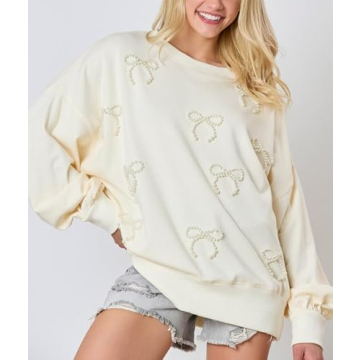 Y2k Pearl Bow Sweatshirt for Women Oversized Long Sleeve Pullover Shirt Fairycore Grunge Going Out Jumper Tops (White, L)