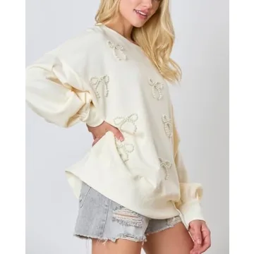 Y2k Pearl Bow Sweatshirt for Women Oversized Long Sleeve Pullover Shirt Fairycore Grunge Going Out Jumper Tops (White, L)