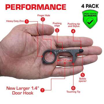 No Touch Door Opener Tool 4 Pack - Premium keychain multitool - Hygienic Touch free gadget with Touchscreen stylus, Button pusher, Bottle opener - Great for Employee appreciation gifts