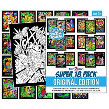 Super Pack of 18 Fuzzy Velvet Coloring Posters (Original Edition) - Great for Family Time Coloring, Arts, Crafts, Travel, School, Care Facilities [All Ages Fun: Girls, Boys, Adults, Kids] (1 Pack)