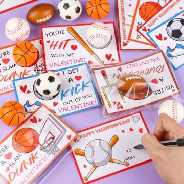 28 Pack Valentines Day Gifts for Kids Classroom Sports Stress Balls Toys with Valentines Cards for Kids School, Valentines for Kids Boys Class Valentines Exchange Cards Party Favors Exchange Gifts