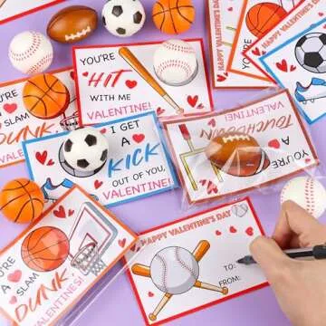 28 Pack Valentines Day Gifts for Kids Classroom Sports Stress Balls Toys with Valentines Cards for Kids School, Valentines for Kids Boys Class Valentines Exchange Cards Party Favors Exchange Gifts