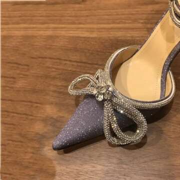 Arqa Rhinestone Bow Heels for Women – Silver Glitter Stiletto Sandals