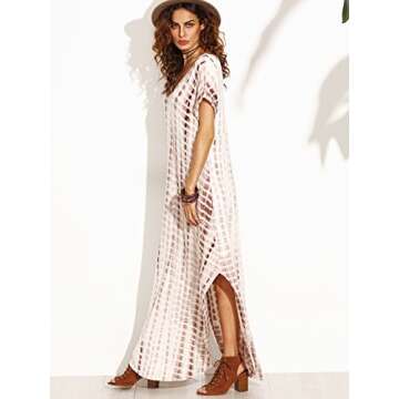 MakeMeChic Women's Boho Maxi Short Sleeve Split Pockets Tie Dye Long Dress A Coffee L