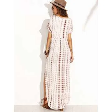 MakeMeChic Women's Boho Maxi Short Sleeve Split Pockets Tie Dye Long Dress A Coffee L