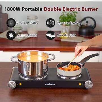 CUSIMAX Double Hot Plates Electric Burner, 1800W Countertop Cooktop with Adjustable Temperature Cont...