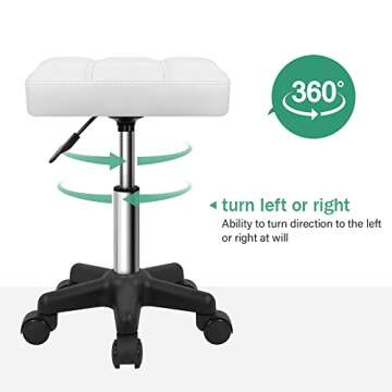 FURWOO Square Swivel Stool with Wheels PU Leahter Rolling Stool Height Adjustable Stool for Spa Salon Massage White