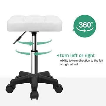 FURWOO Square Swivel Stool with Wheels PU Leahter Rolling Stool Height Adjustable Stool for Spa Salon Massage White