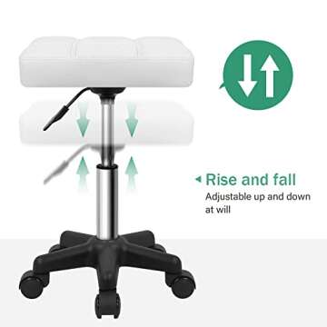 FURWOO Square Swivel Stool with Wheels PU Leahter Rolling Stool Height Adjustable Stool for Spa Salon Massage White