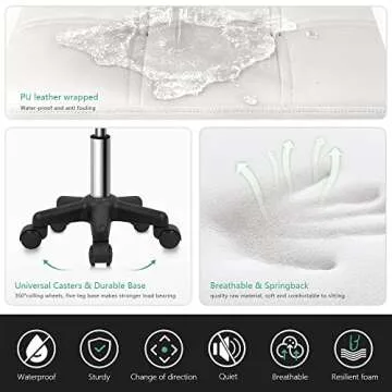 FURWOO Square Swivel Stool with Wheels PU Leahter Rolling Stool Height Adjustable Stool for Spa Salon Massage White