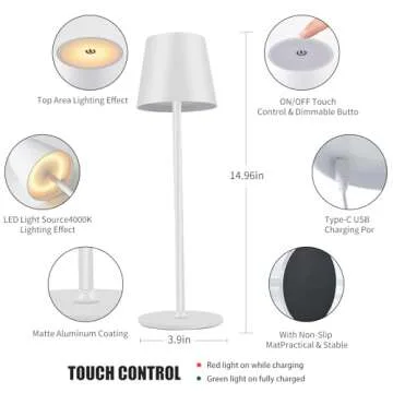 BGFHome 2Pack Cordless Table Lamp LED Desk Lamp,5000mAh Rechargeable Touch Night Light Wireless Minimalist Design for Couple Dinner/Restaurant/Bedroom/Bars/Outdoor Party/Camping/Coffee Shop（White