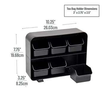 Mind Reader Tea Bag Organizer, Tea Station Organizer, Countertop Storage, Kitchen, Plastic, 10.25"L x 3.25"W x 7.75"H, Black