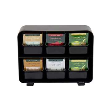 Mind Reader Tea Bag Organizer, Tea Station Organizer, Countertop Storage, Kitchen, Plastic, 10.25"L x 3.25"W x 7.75"H, Black